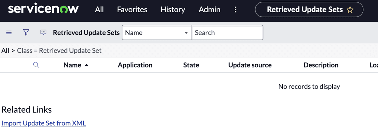 ServiceNow empty update sets screen